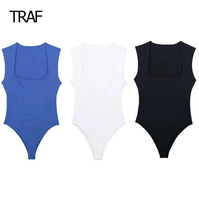 TRAF Women's Bodysuit Spring 2024 Knitted Bodysuits Square Neck Sleeveless High Spandex Bodysuits Elegant And Sexiest Bodysuits