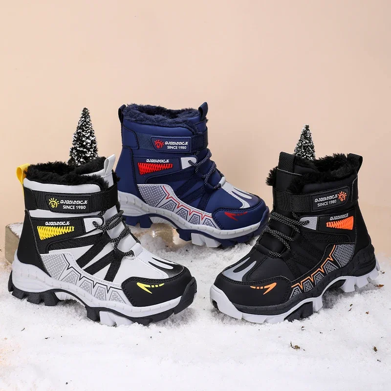 Kids Snow Boots Winter Fashion High Top Warm Plush Comfortable Anti Slip Stable Walking Shoes Boys Outdoor Sneakers Size 30-40