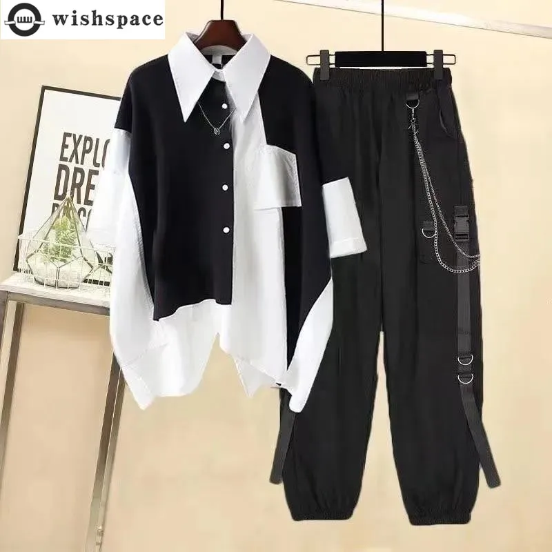 Spring and Summer Men's and Women's Sets Korean Version Loose Design Patchwork Shirt+handsome Workwear Two-piece Set