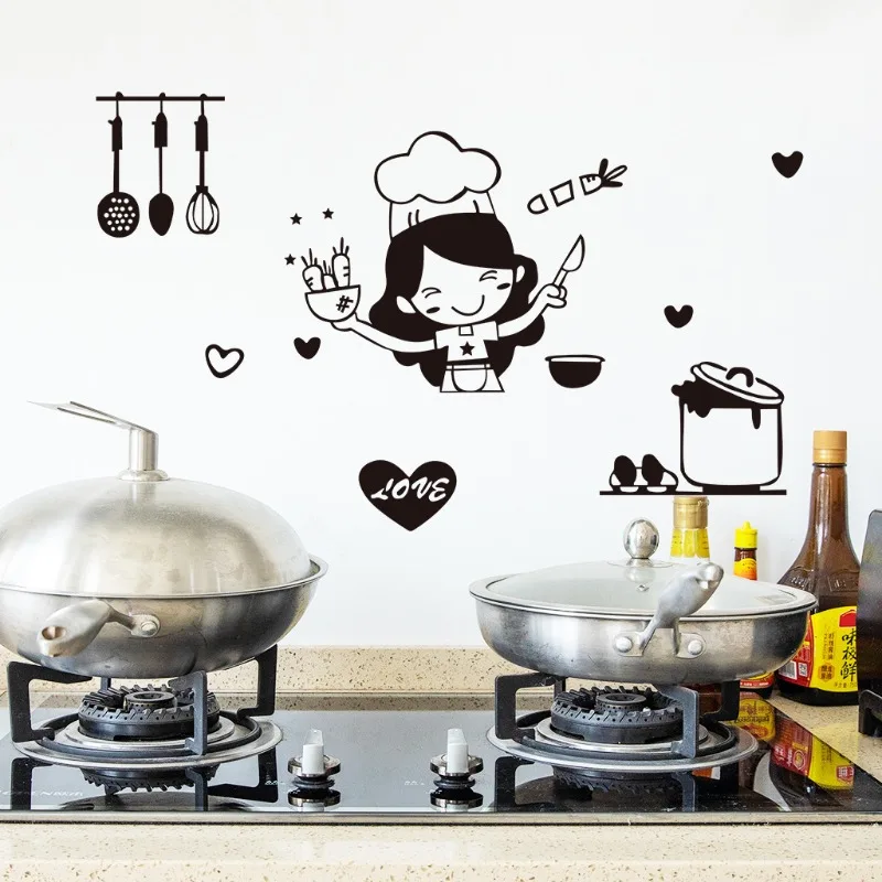 2Pcs Happy Girl Chef Loves Cooking Wall Sticker Restaurant Bar Kitchen Dining Room Fridge Light Switch Decal DIY Art Home Decor