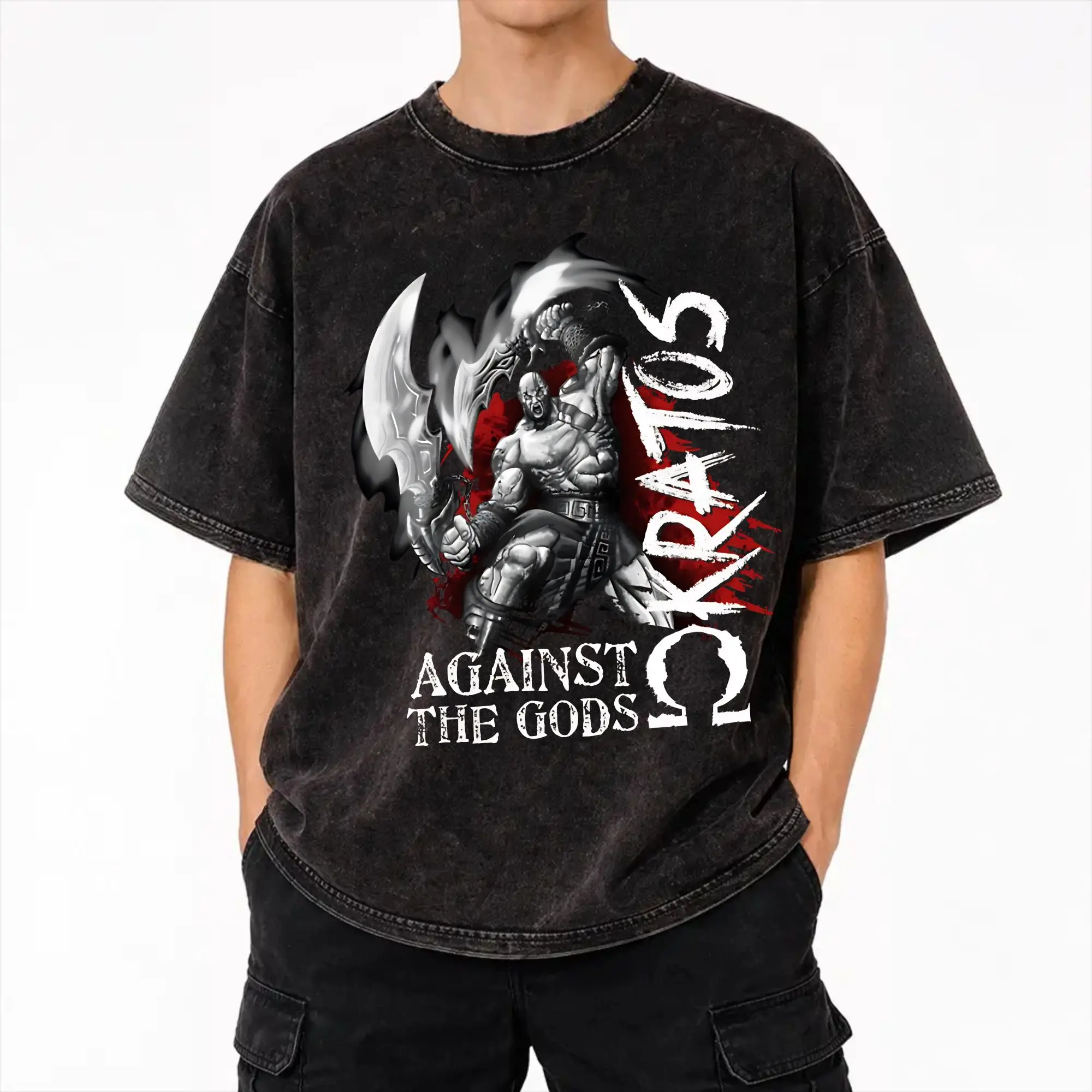 Gainst The Gods of War Kratos Gift Fan  Washed T Shirt Streetwear Hip Hop Fashion T-Shirt  Tees for Men Women Short Sleeve