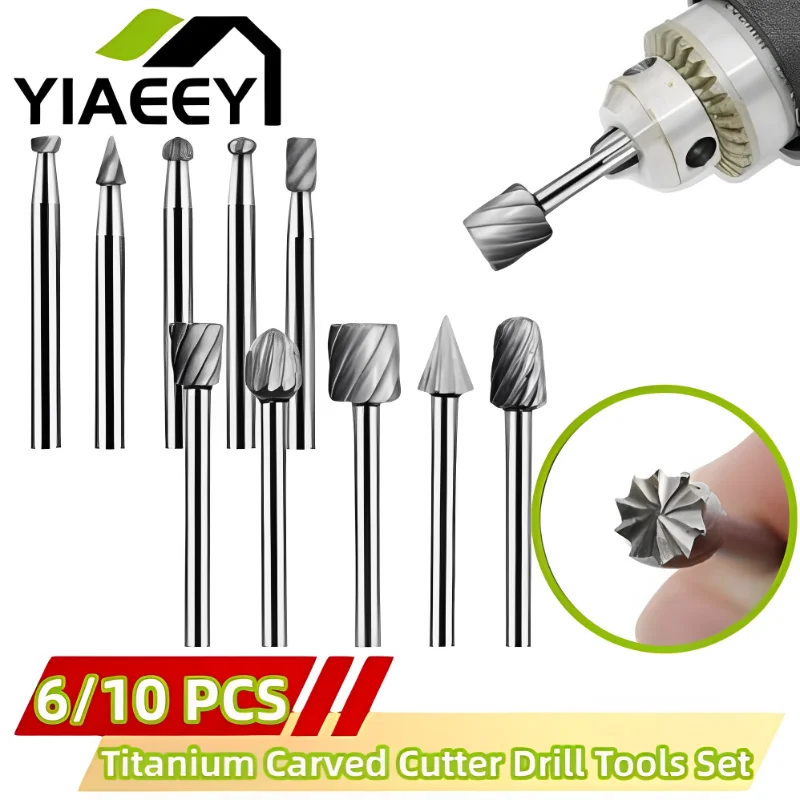 Titânio Dremel Roteamento Madeira Rotary Milling Rotary File Cutter Carpintaria Esculpido Faca Cortador Ferramentas Broca de Madeira 10 Pcs