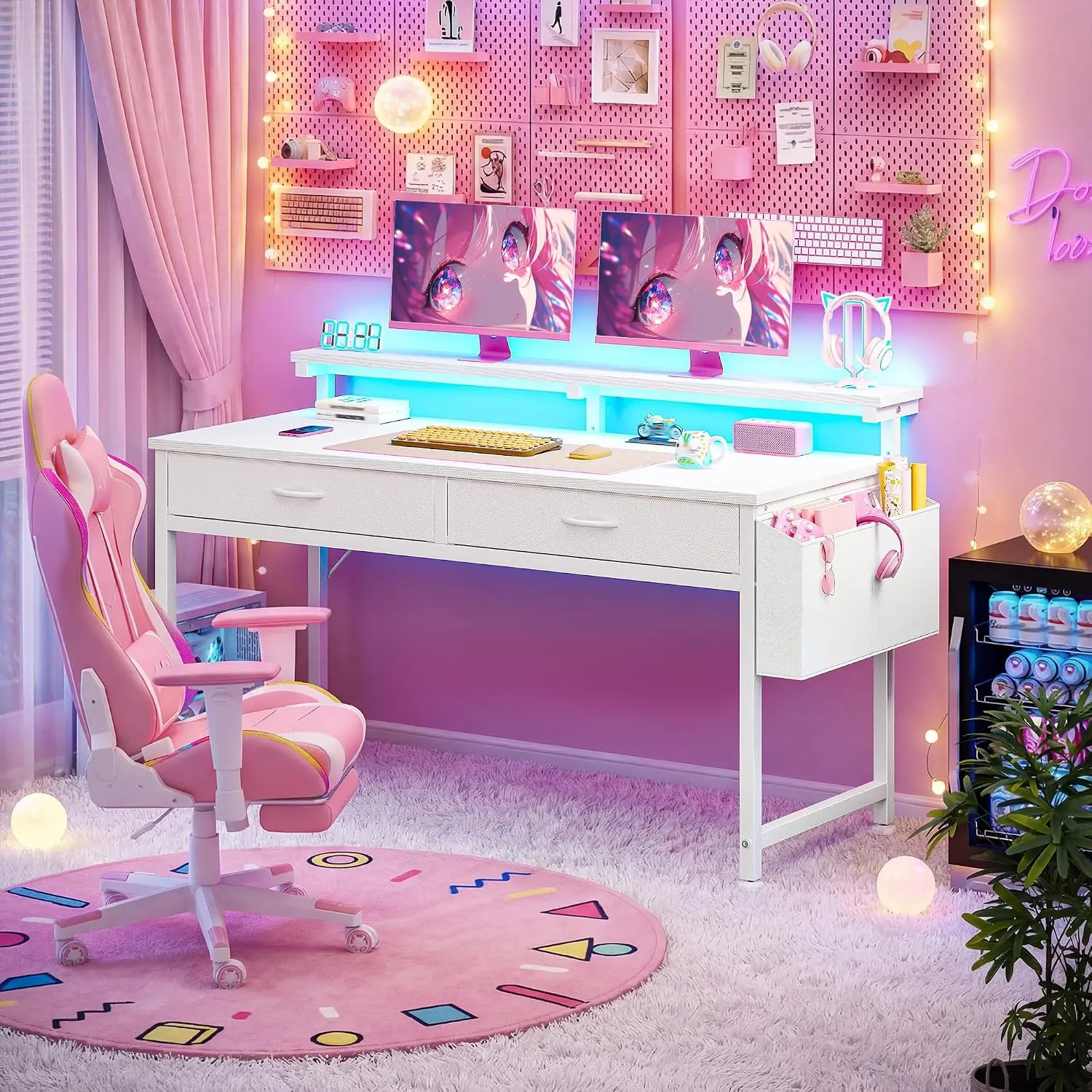 DurayLoly 47.3”Computer Desk with 2Drawers & LED Lights,Space Saving,White