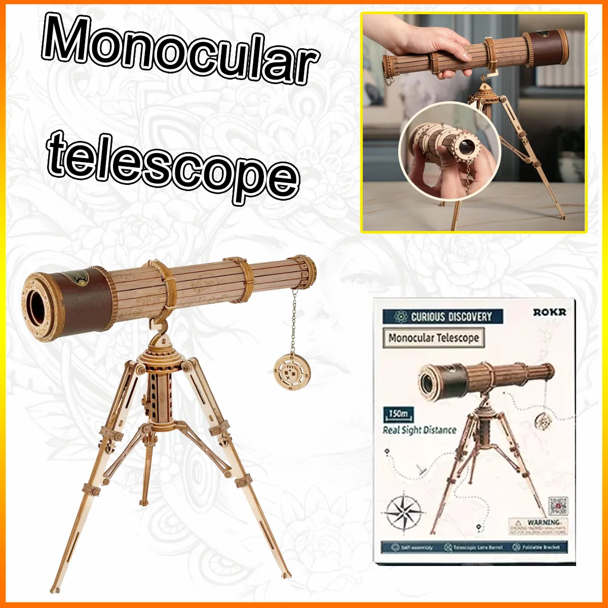 3D Wooden Monocular Telescope Puzzles Model 3X Magnification 1:1 Wooden Monocular Telescope With 3-legged stand for Adults Kids