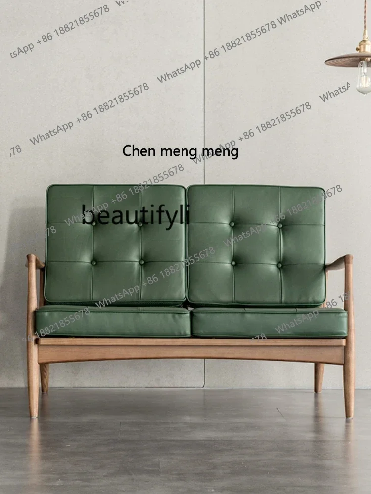 

zq Solid Wood Retro Double Seat Couch Log Leisure Sofa Living Room Leather Lazy Recliner