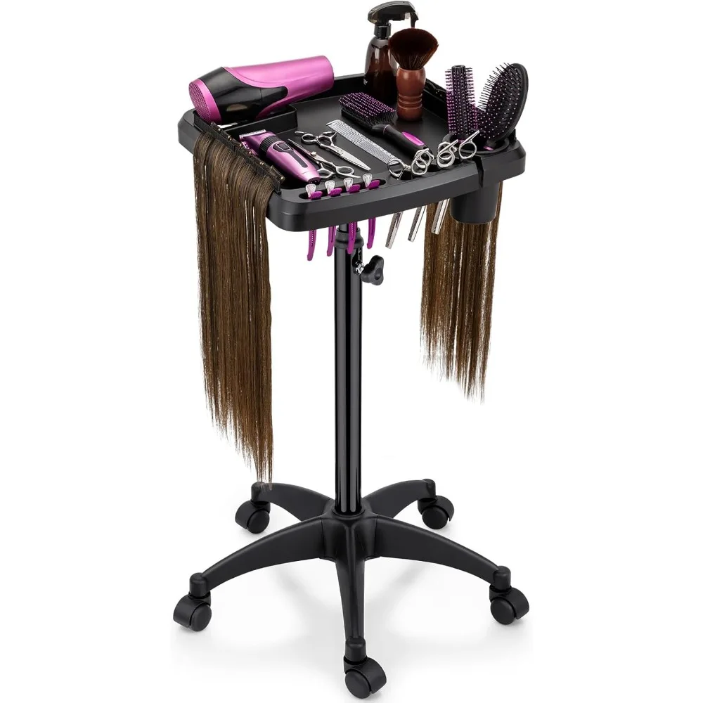 Hair Extension Tray Cart on Wheels W/Storage Holder, Height Adjust & Removable Hairstylist Rolling Tray Cart with Wheels