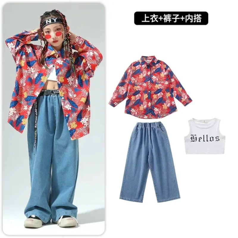 Hip Hop Mädchen Blumen hemd Jeans hose Kinder Blume Bluse Jungen Street Dance lose Jeans Jazz Kleidung setzt Kinder Streetwear