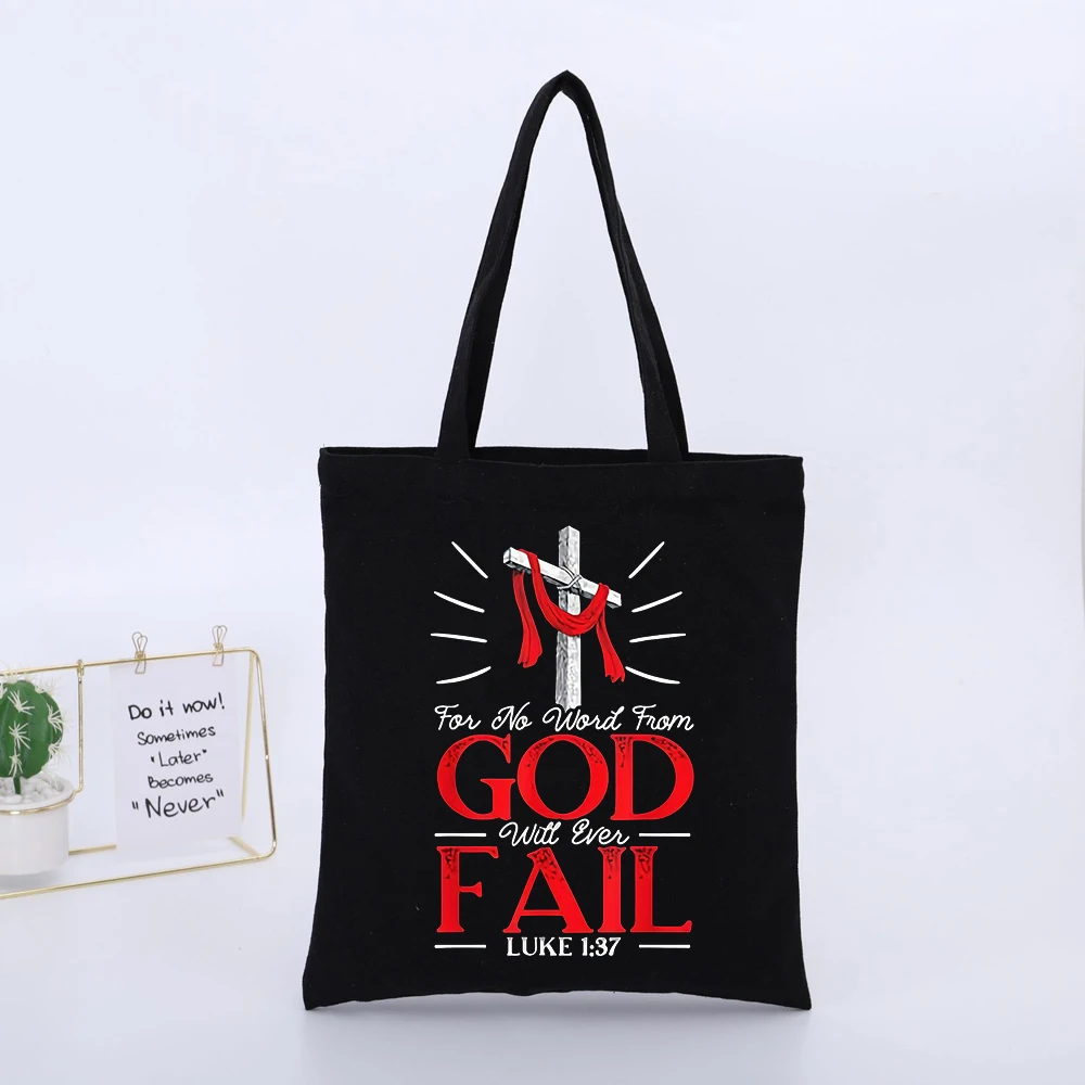 Cross and Typography Print Canvas Tote Bag, Casual Style for Daily Shopping