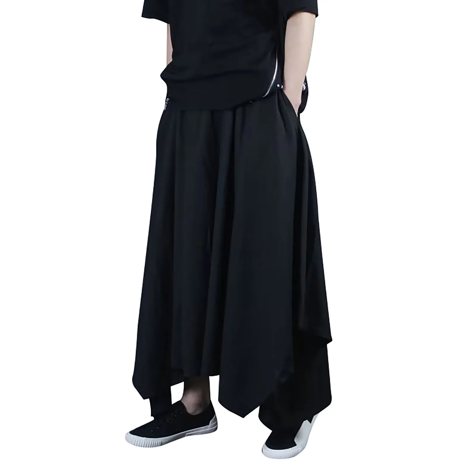 Vintage Men Pants Elastic Casual Baggy Hakama Pants Hip-hop Men Harajuku Cotton Linen Wide-legged Loose Pants Drawstring Hiphop