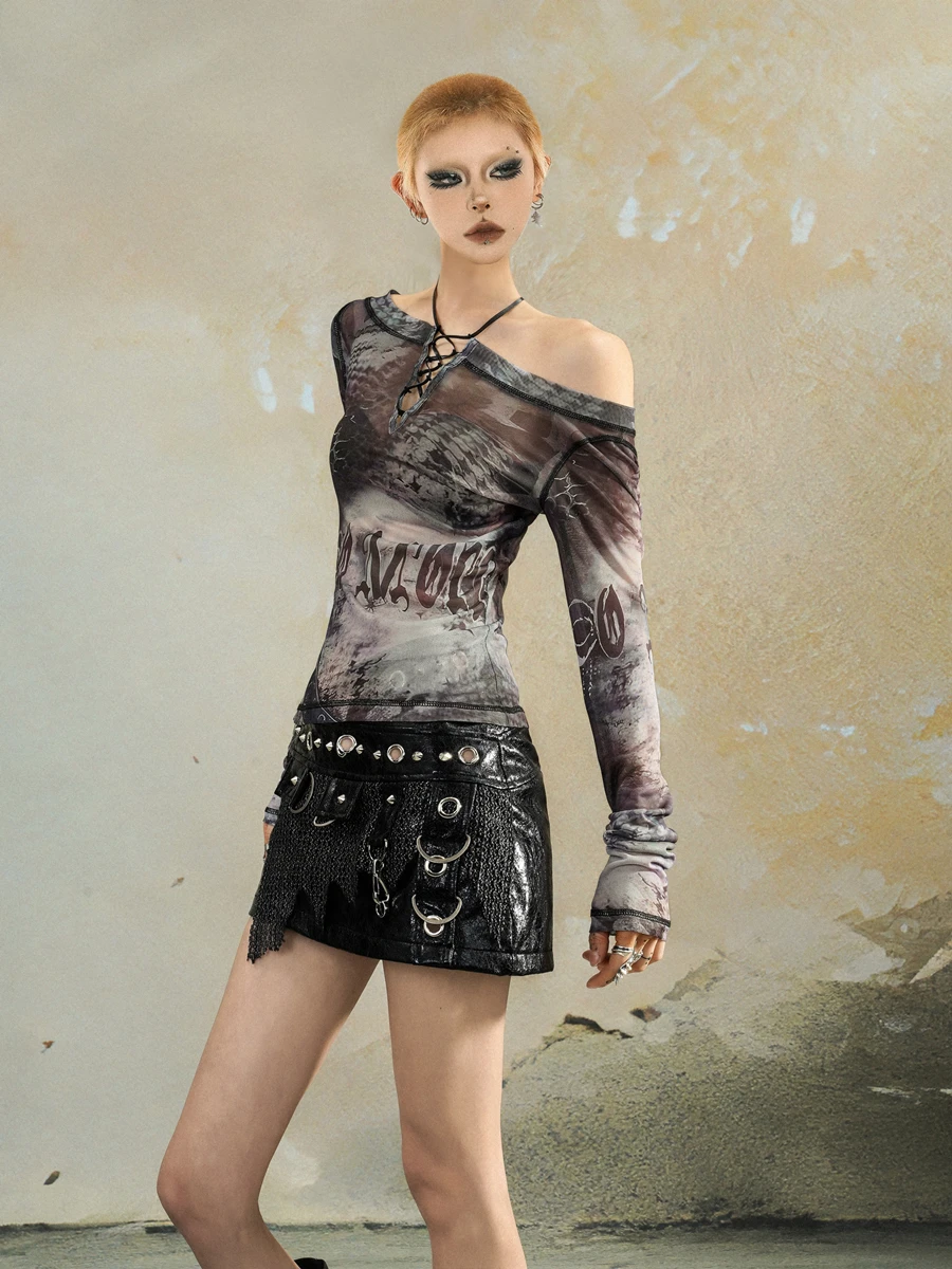 

Fangxingji Design American Retro Hot Girl Style Printed Long Sleeve off Shoulder T-shirt Women's Fit