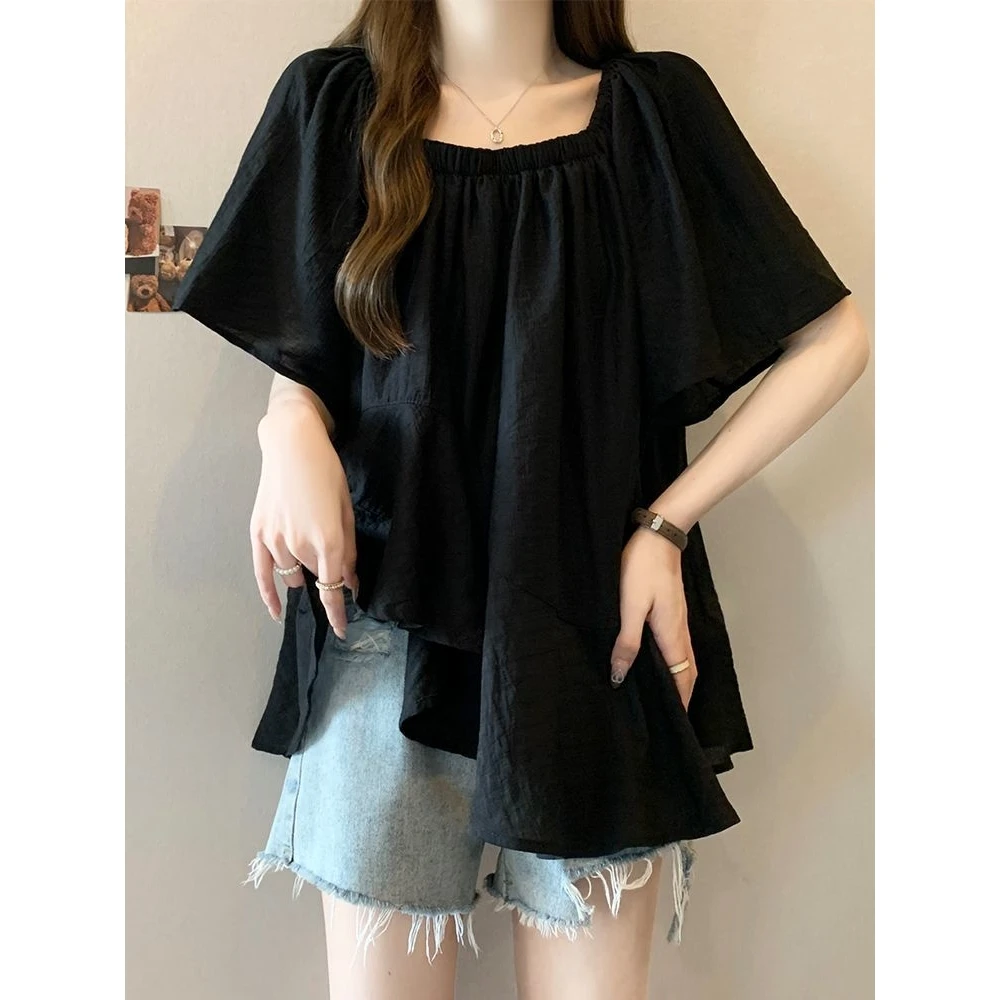 plus Size Women's Square Ne Uneven ort Sve Chiffon Top Summer Loose Slimming Lace Trimmed Blouse Cloud Flng Four Seas