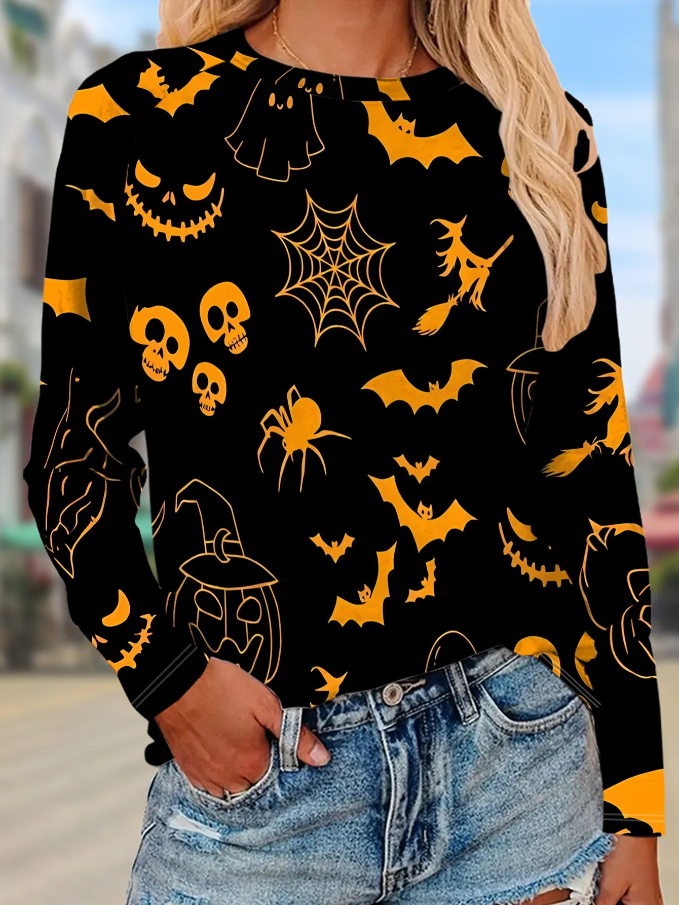 Women Long Sleeve T-shirt Round Neck Halloween Black Cat Star Moon Print Casual Tops Autumn Fashion Daily Wear Women's Clothes view 4