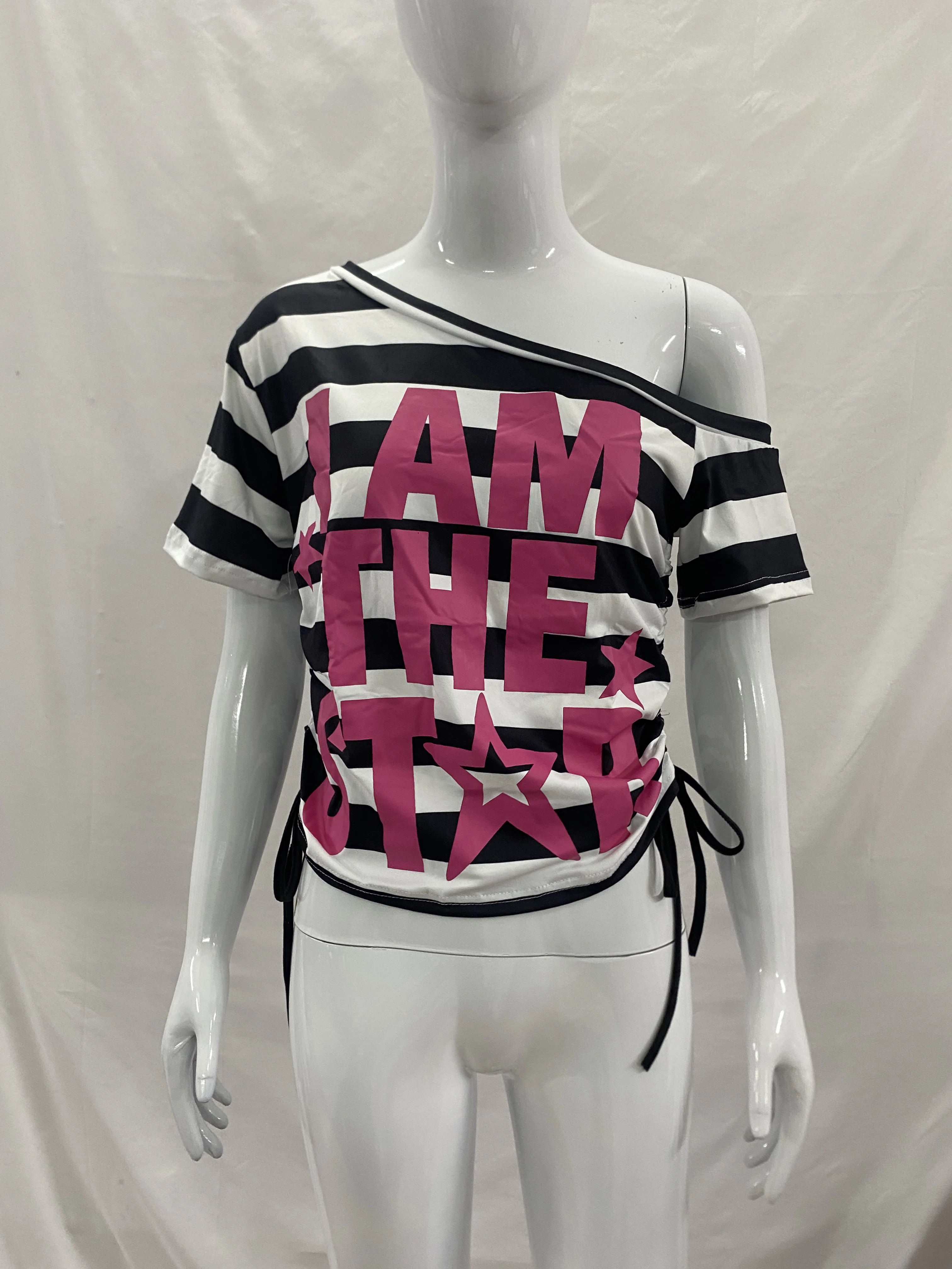 Sweet Cool Black White Stripe Asymmetrical Shoulder T-shirt Magenta Text Star Print Double Ruched Drawstring Slim Hot Girl Shirt view 5