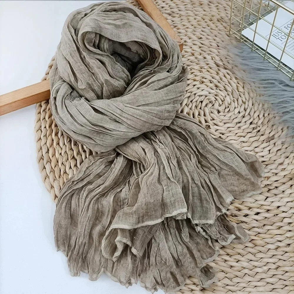 Cotton Linen Scarf Solid Color Female Literary Texture Fold Length Spring Autumn Winter Shawls Thin Fried Dough Twists Ethnic