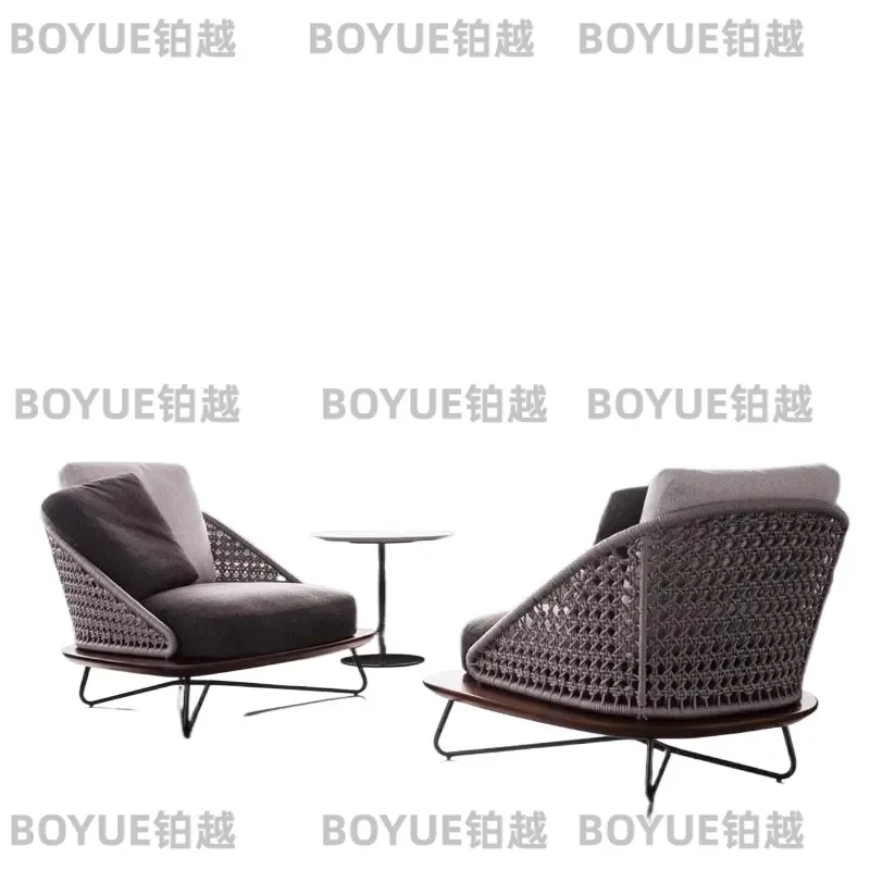 Nordic Outdoor Rattan Sofa Set Teak Wood Patio Furniture Waterproof Garden Courtyard Villa Terrace Leisure Seating