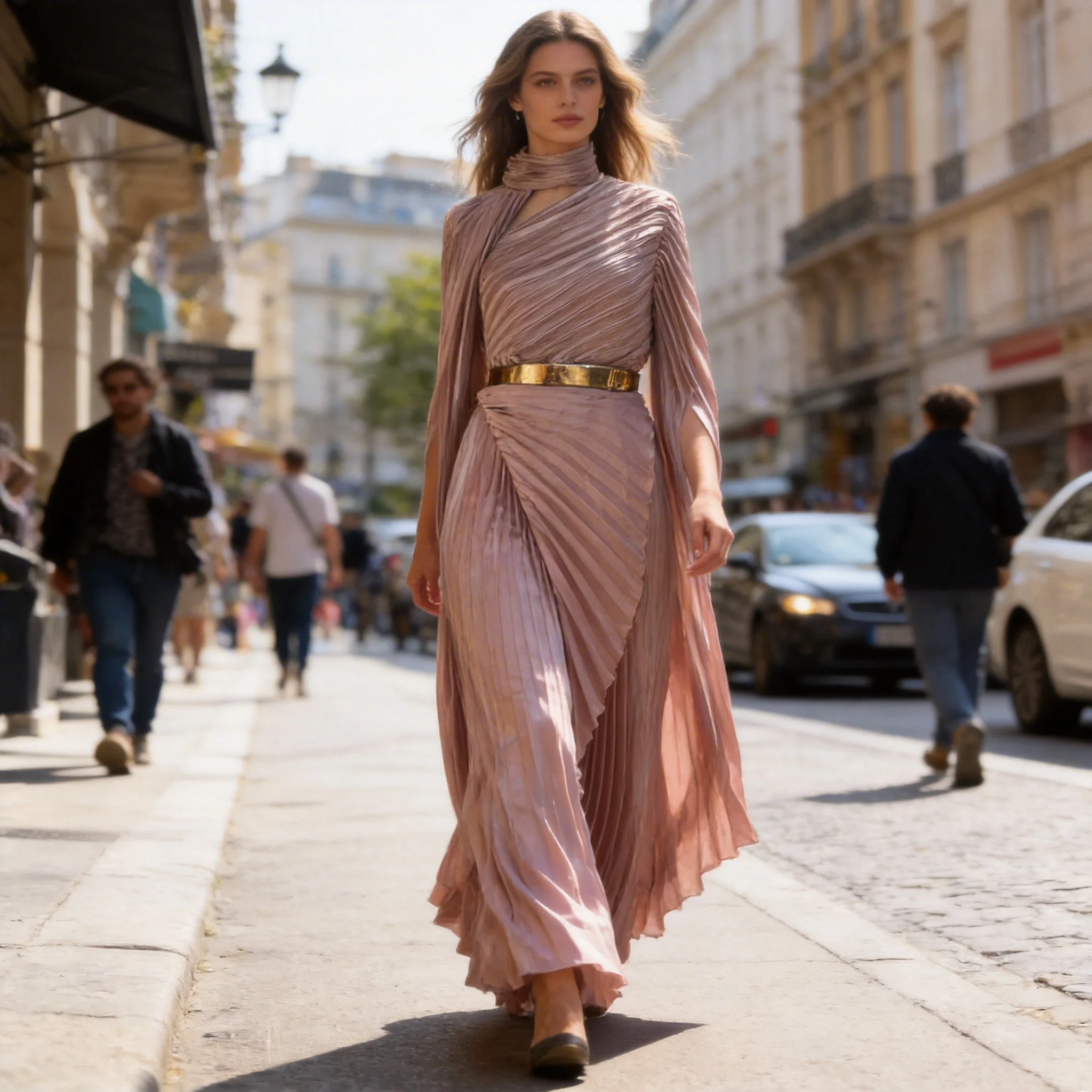 

Miyake Half High Collar Evening Party Dress Women Sexy Long Shawl Sleeve Solid Gowns Dress Elegant Hight Waist Pleat Long Dress