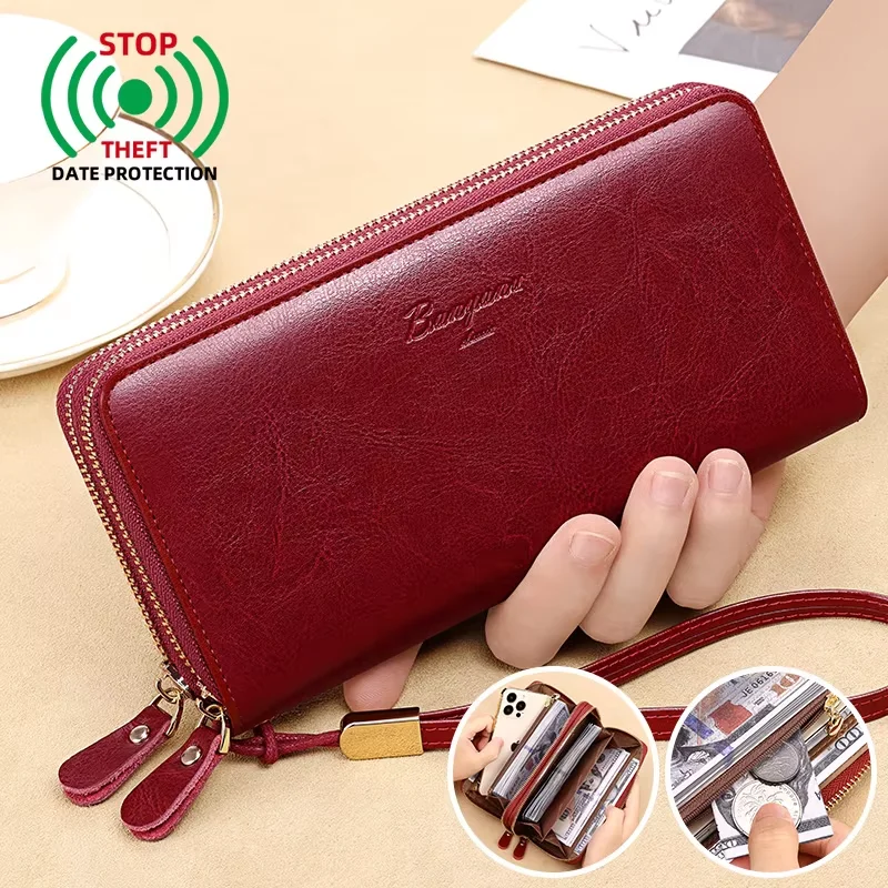 BanYaNu Anti-Theft Double Zipper Genuine Leather Wallet Women's Handheld Phone Purse Cowhide RFID Card Holder Summer New Style