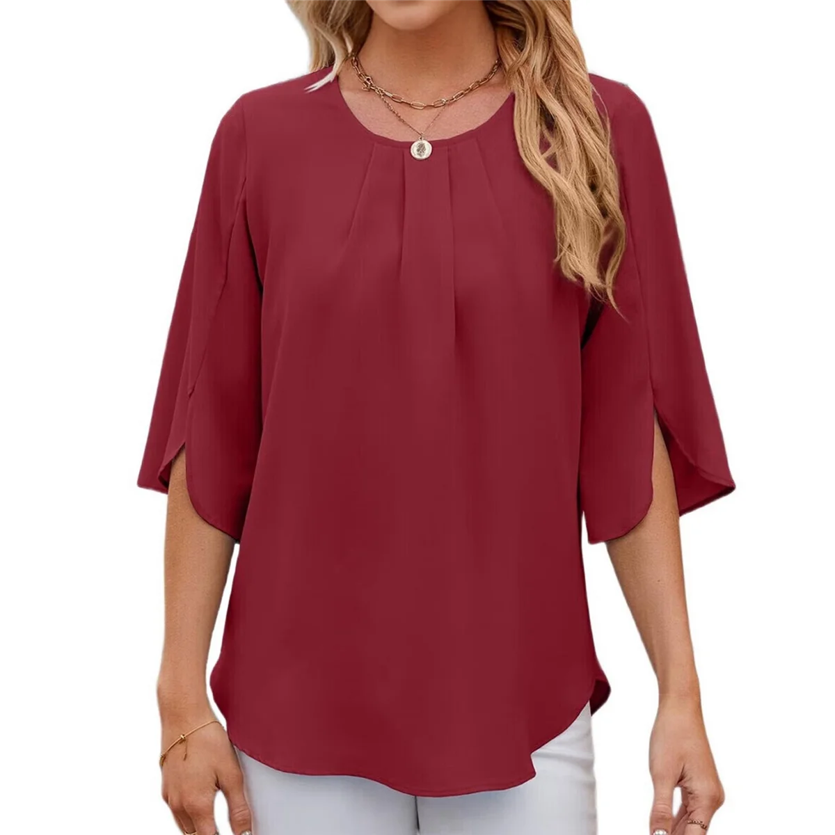 

Women'S Casual Chiffon Blouse Tops 1/2 Ruffled Sleeve Crew Neck Loose Fit Blouses Shirts Claret M