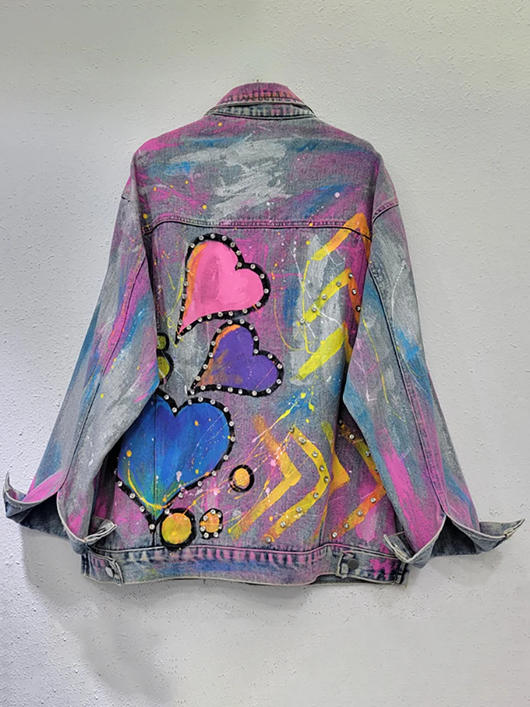 DEAT Women Denim Coat Colorful Heart Shaped Graffiti Hand Drawn Diamonds Single Breasted Jackets 2024 Autumn New Fashion 29L7873