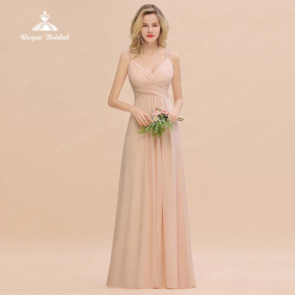 

Romantic A Line Bridesmaid Dress Chiffon V Neck Sleeveless With Spaghetti Straps Beading For Wedding Banquet vestidos de festa