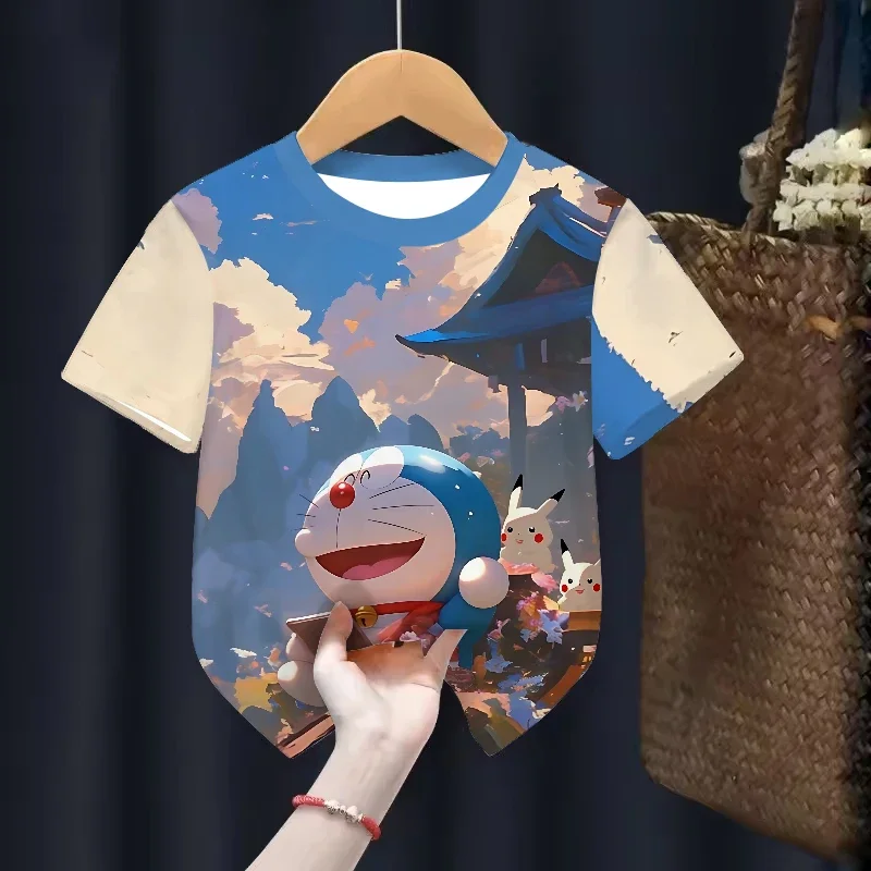 

Doraemon, short sleeved T-shirt children's top, 3D printed fashion trend, round neck top suitable for children aged 1-14 to wear