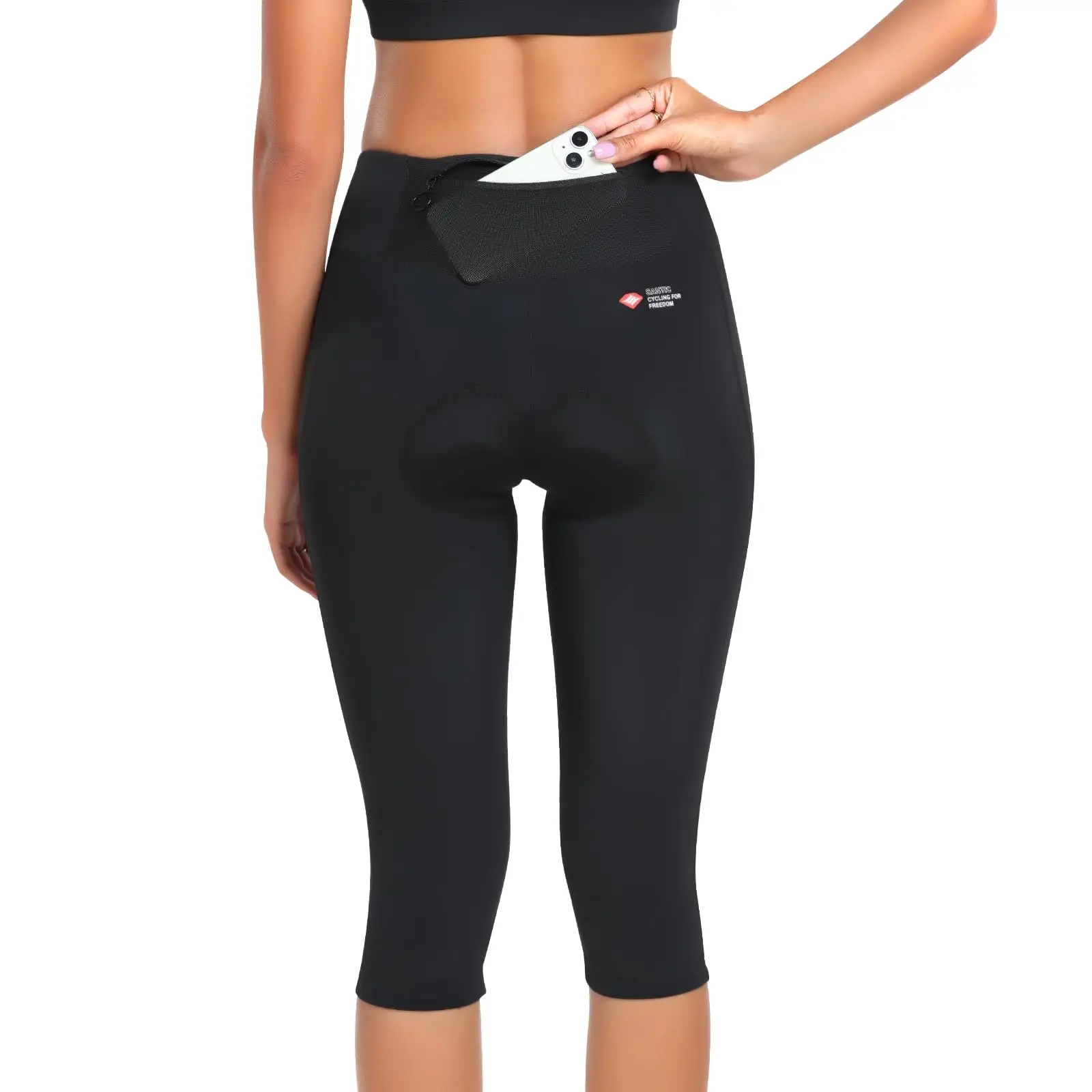 Santic Damen-Radhose mit gepolsterter 3/4-Radhose, Reitshose mit Taschen – Detail 3