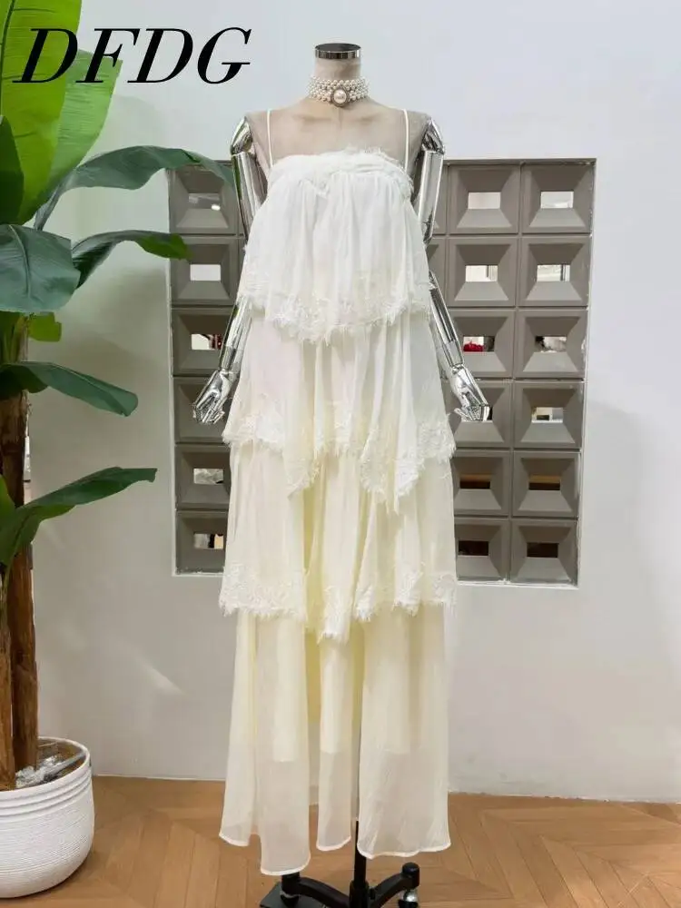 

DFDG Women 2026 Spring Summer Lace Tiered Maxi Dress Spaghetti Strap Ruffle Hem Flowy Elegant Vacation Wedding Guest Long Dress