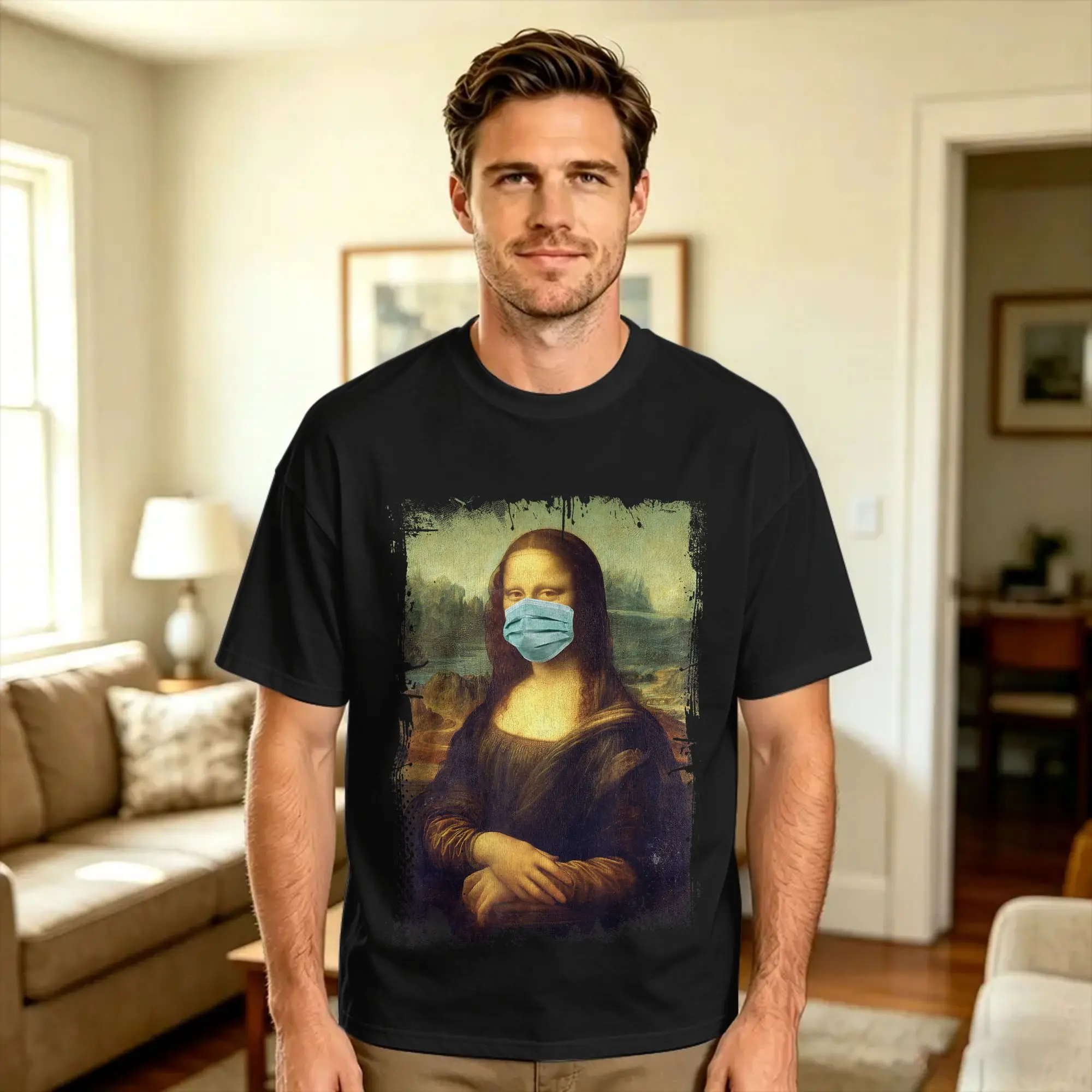 Mona Lisa With Mask Funny Famous Painting Quarantine T Shirt Men's  Vintage T Shirts Summer Breathable Hipster Tees Hot Sale