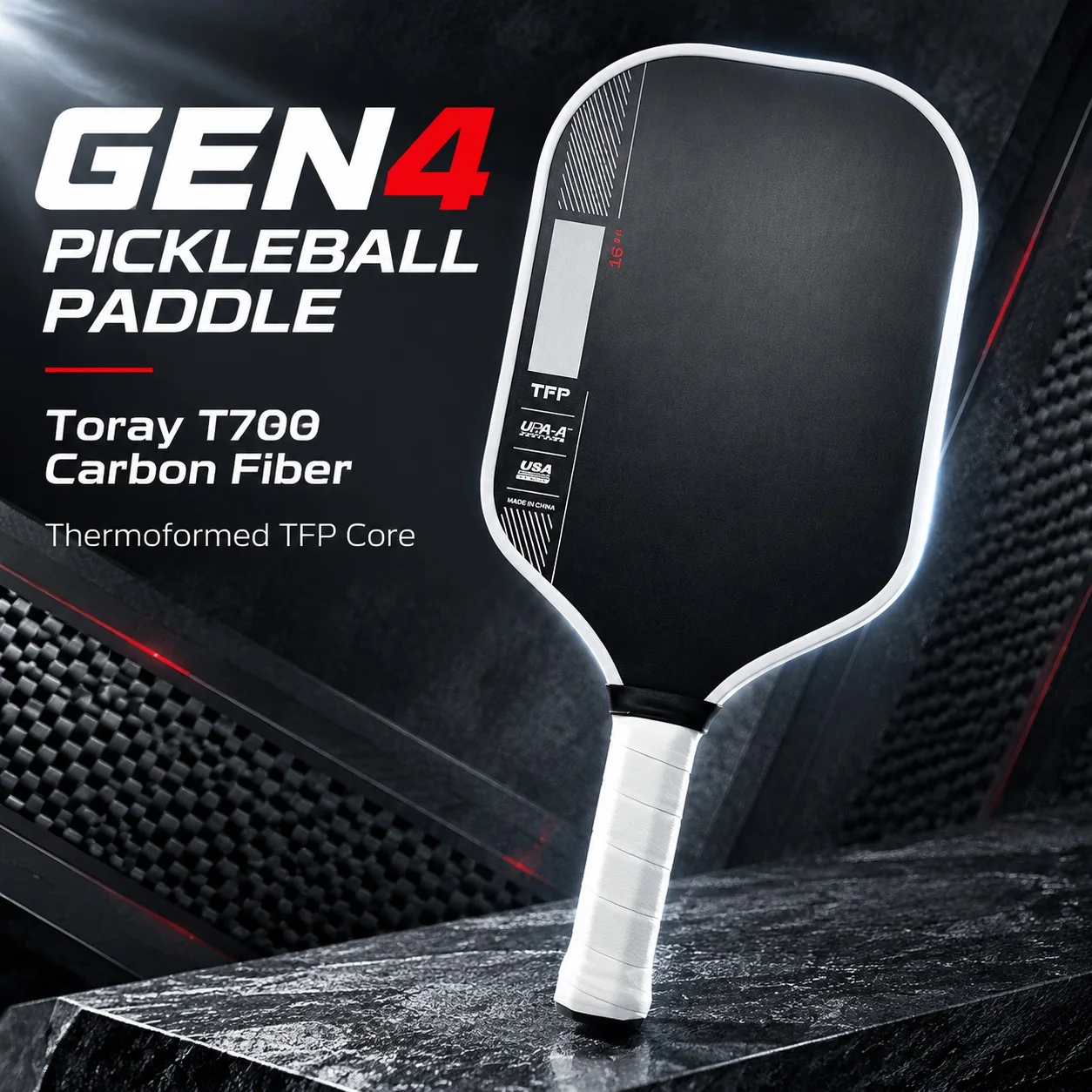 Professional GEN4 Pro IV Carbon Fiber Pickleball Paddle 16mm TFP Foam Core, Lightweight Thermoformed Technology, USAPA Approved