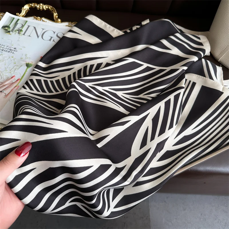 90*90cm Square Luxury Brand Women Scarf Silk Striped Print Designer Hijabs Female Neckerchief Scarves Wrap Headband Bandana