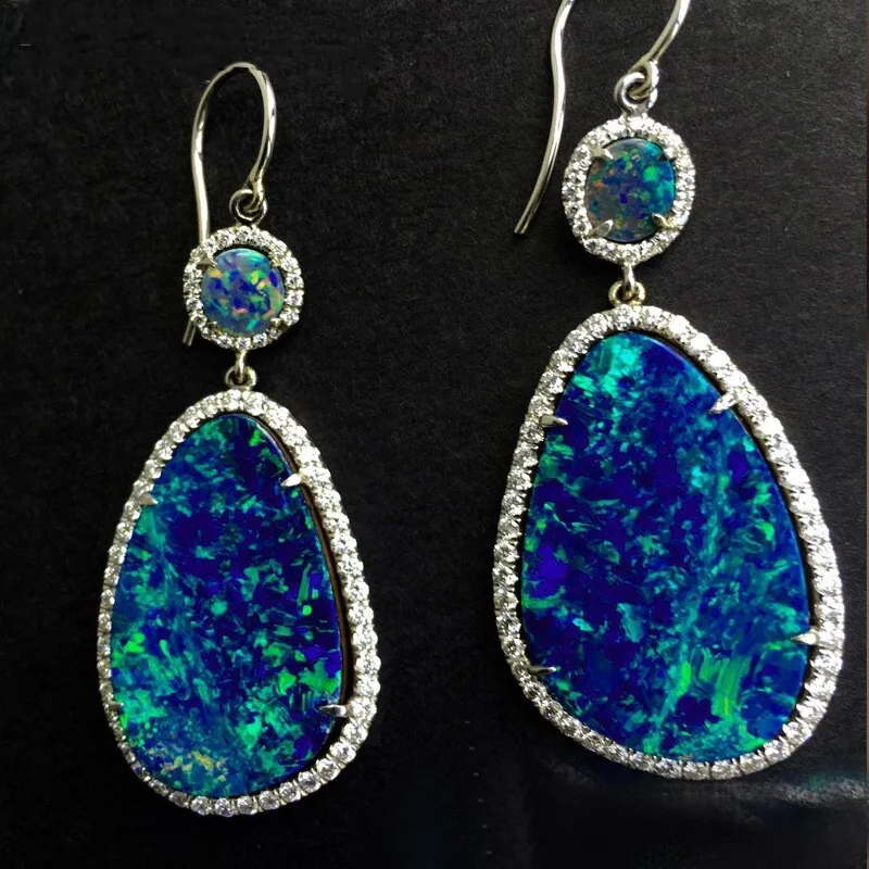 Silver Blue Simulated Opal Tear Dangle Drop Hook Women's Earrings Gift