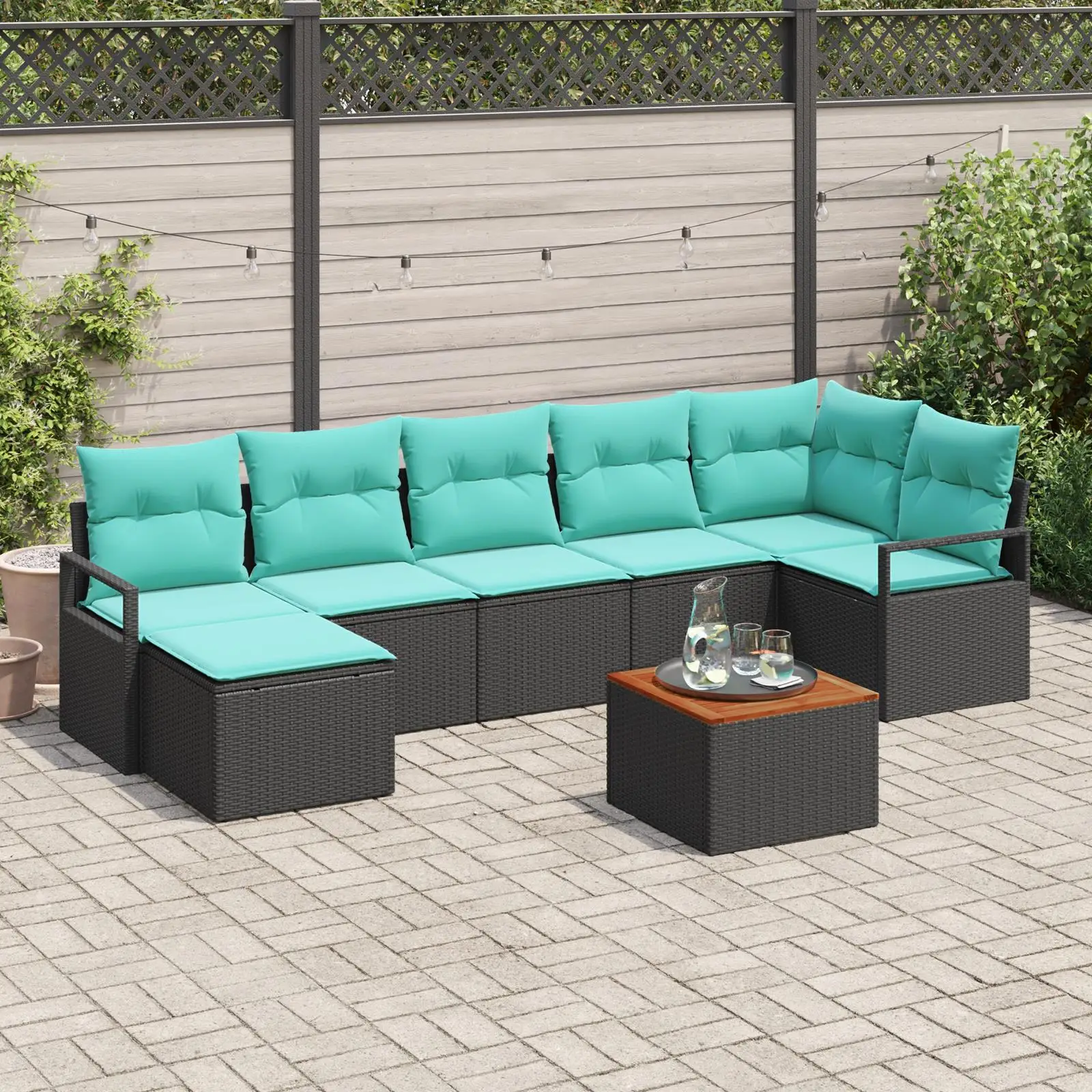 

8 Piece Outdoor Garden Sofa Set with Cushions Black Rattan and Acacia Wood Furniture
