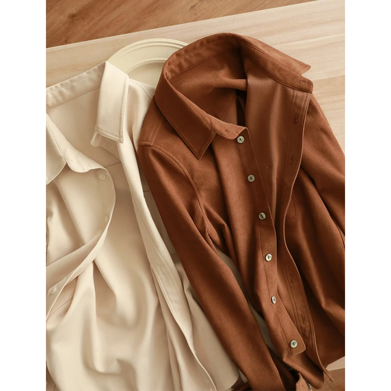 

Off-Season Velvet Long Sleeve Shirt Women's Autumn Winter Versatile Flocking Corduroy Button up Neck Regular Fit Pure Color