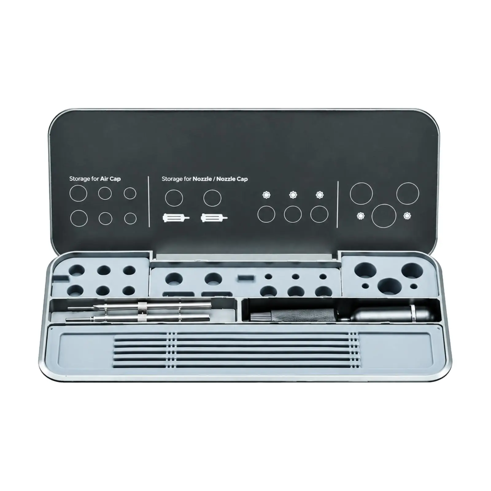 Airbrush Maintenance Case with Labeled Lid Organizer for Airbrush Parts Nozzles Handles Screwdrivers Metal Silicone