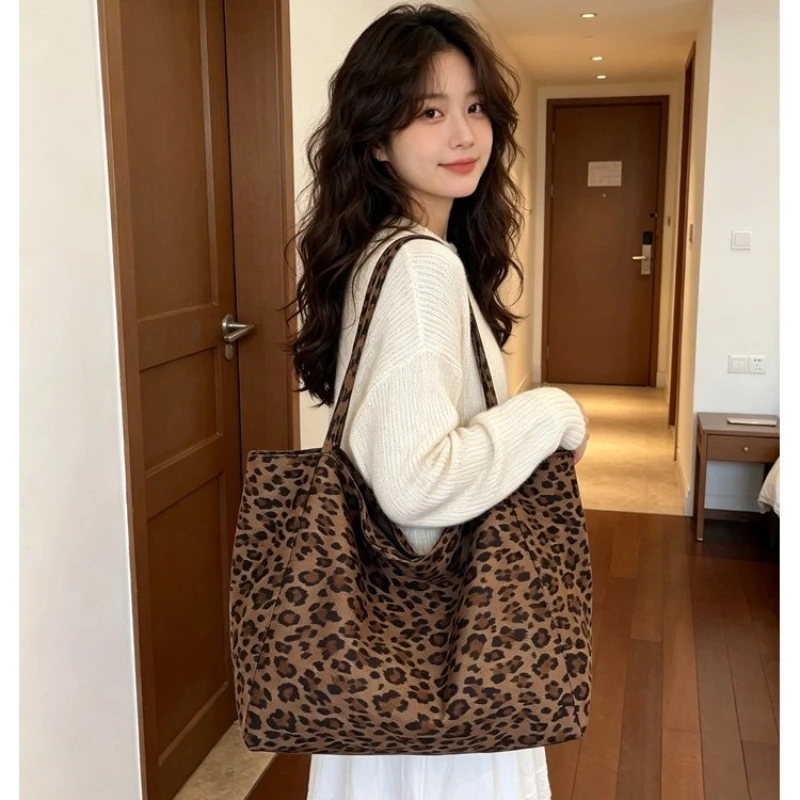Vintage Leopard Print Faux Suede Tote Bag Large Capacity Lightweight Women Casual Shoulder Hand Shopping Bag