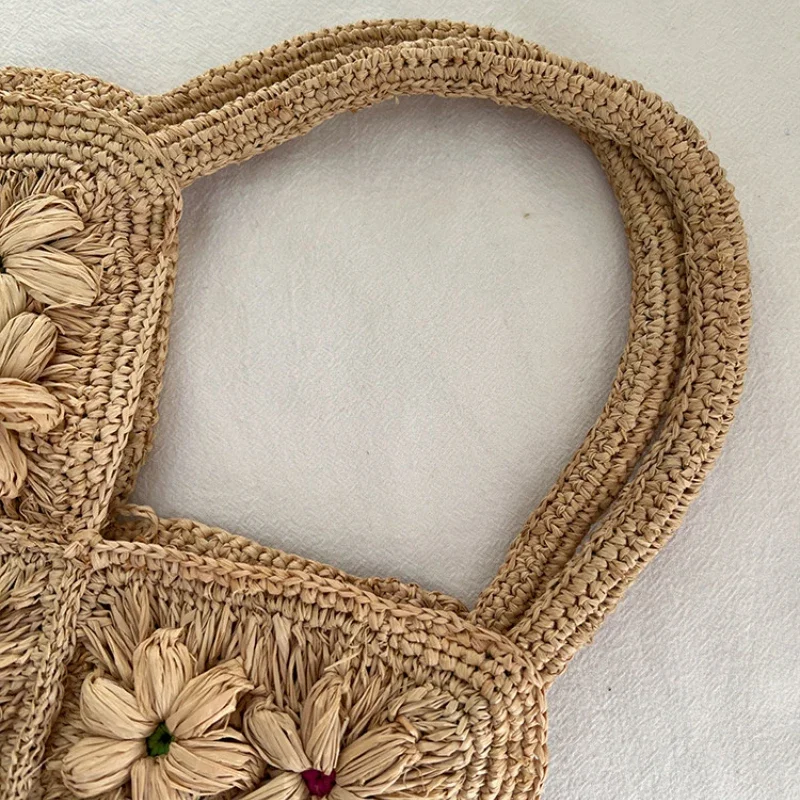 Hochwertige Handgefertigte Raffia-Schultertasche Exquisite Gewebte Stroh-Tragetasche Offene Bunte Blumen-Diamantmuster Einkaufstasche – Detail 9