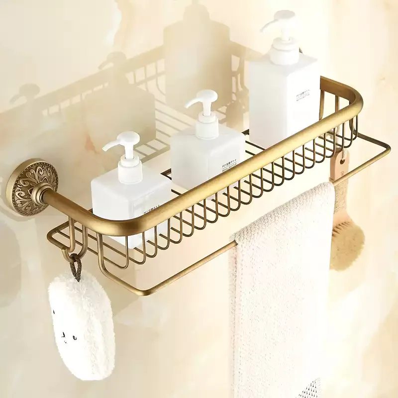 Antique Bathroom Shelf With Towel Bar Brass Shower Shampoo Soap Cosmetic Shelf Bathroom Hardware Storage Organizer Rack Holder