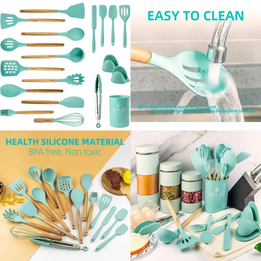 

cooking utensils set, 18pcs kitchen silicone utensils, heat resistant non toxic & bpa-free with holder & wooden handle, home es