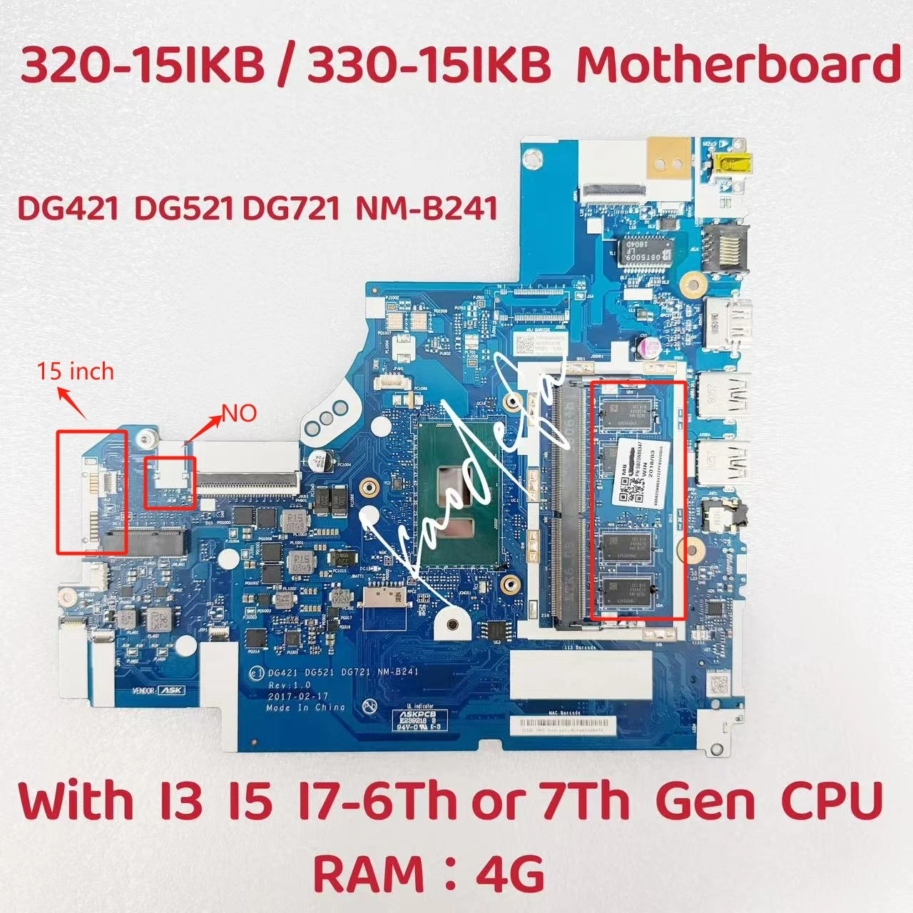 NM-B241 For Lenovo Ideapad 320-15IKB 330-15IKB Laptop Motherboard CPU I3 I5 I7 6/7TH 4G FRU:5B20S93140 5B20R16689 5B20N86620