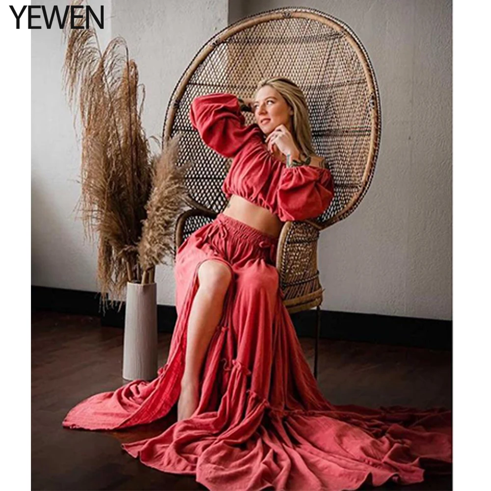 Off Shoulder Two Pieces Gown Beach Maternity Dresses Long Sleeves Photography Dress Baby Shower Dress YEWEN YD211203