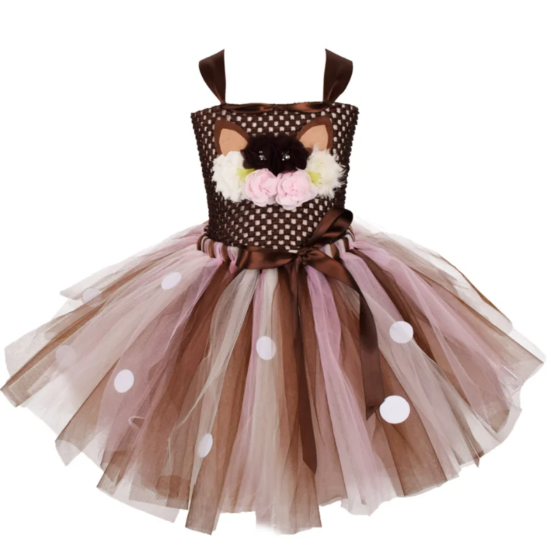 Cartoon Deer Bambi Tutu Dress Christmas Children Mesh Princess Dress Halloween Cosplay Costumes New Year Gift For Girls Cosplay