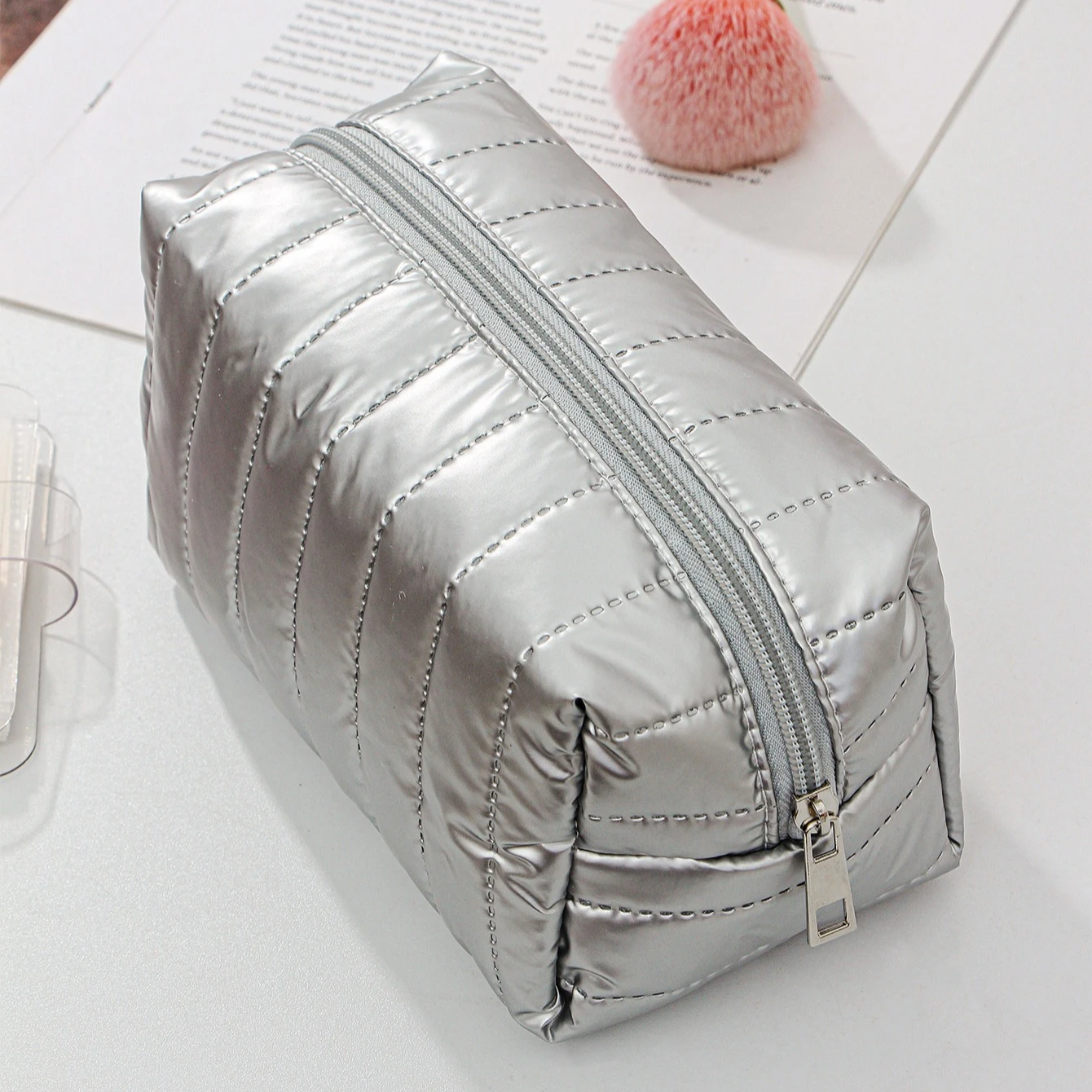 Waterproof Silver Makeup Bag Large Capacity Cosmetic Pouch for Women Travel Toiletry Organizer Storage Case Student Pencil Case