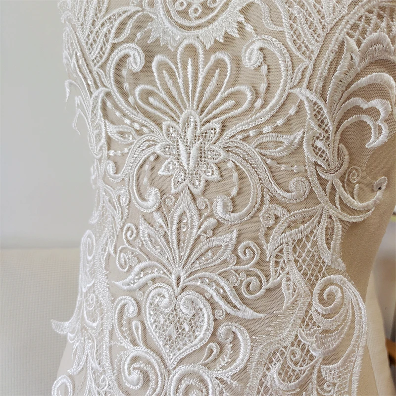 New Mesh Embroidery Sequin Fabric Applique Bridal Wedding Dress Lace Patch Front Chest Back Patch DIY Accessories