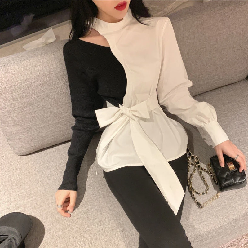 Hollow Out Shirts Women Korean Style Lace-up Bow New Trendy Halter Niche Design Ladies Spring All-match Patchwork Simple Fit