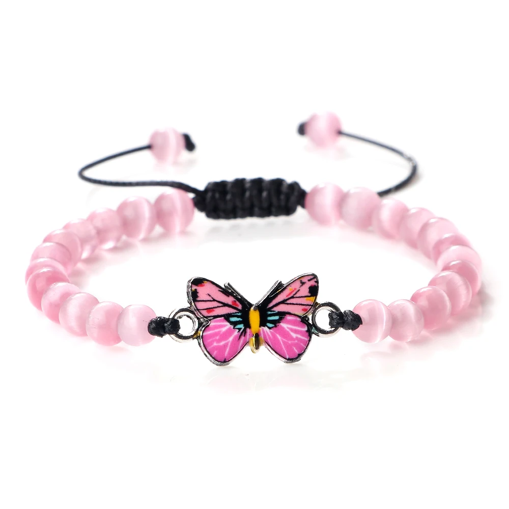 Pink Quartzs Cat Eye Stone Bracelet Women Pink Butterfly Pendant Charm Bracelets Adjustable Natural Stone Beads Bracelet Jewelry