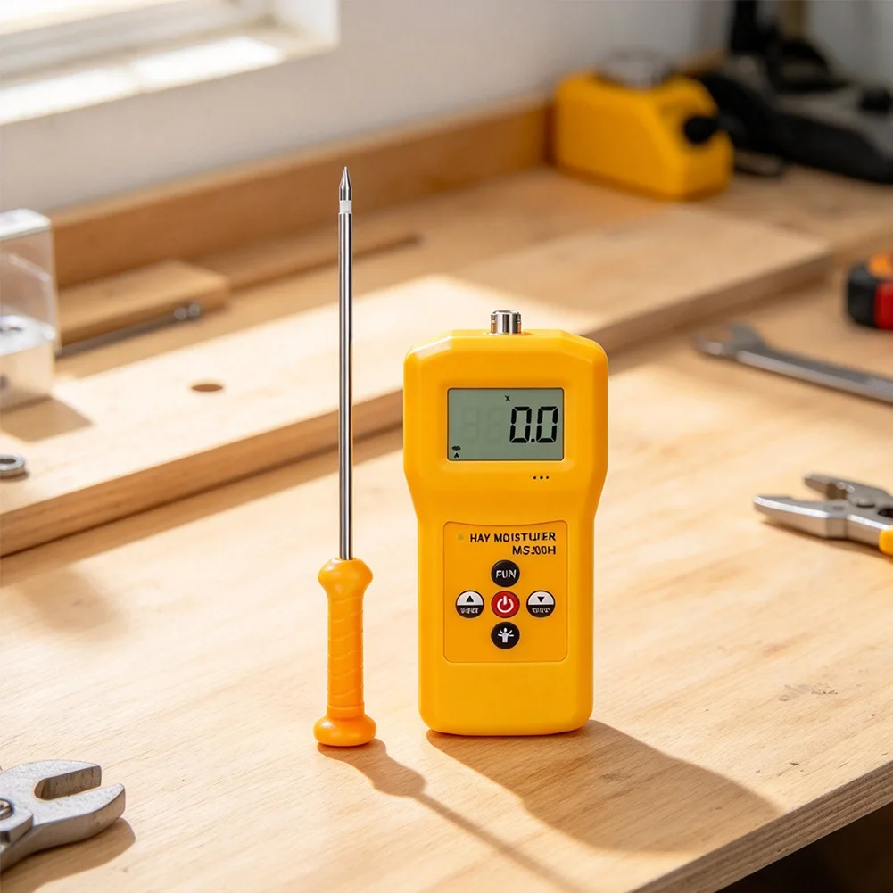 MS300H Moisture Meter for Hay Bales For Stacks Loose Material Field Warehouse Use Pin Probe 0.1 Resolution Yellow