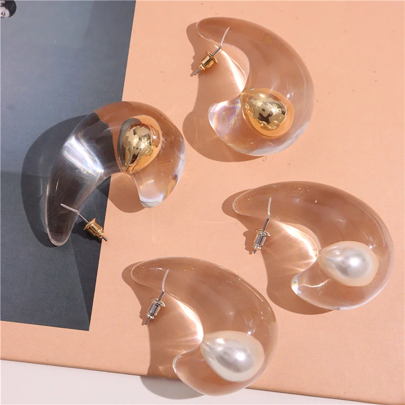 HangZhi New Design Transparent Resin Large Earrings Water Drop Metal Copper Ball Pearl Elegant Vintage Jewelry for Women