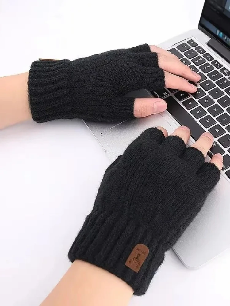 AliExpress NONE Winter Gloves For Men Half Finger Writting Office Cycling Knitted Gloves Students Alpaca Wool Warm Thick Elastic Driving Gloves