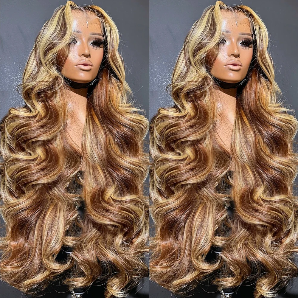 30 Inch Colored Highlight Human Hair Wigs Brazilian 4/27 Body Wave Lace Front Wigs For Women 13x4 Hd Transparent Loose Wave