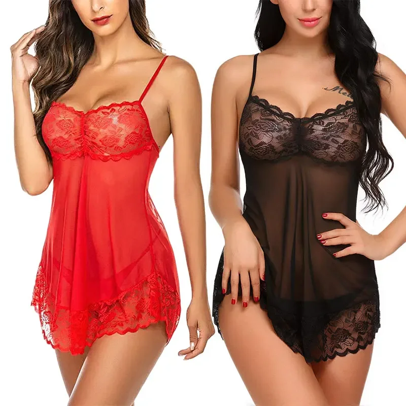 Robe à enfiler en dentelle transparente et string G, pyjama transparent, chemise de nuit décontractée, ensemble de lingerie sexy, vêtements de nuit, 7.0